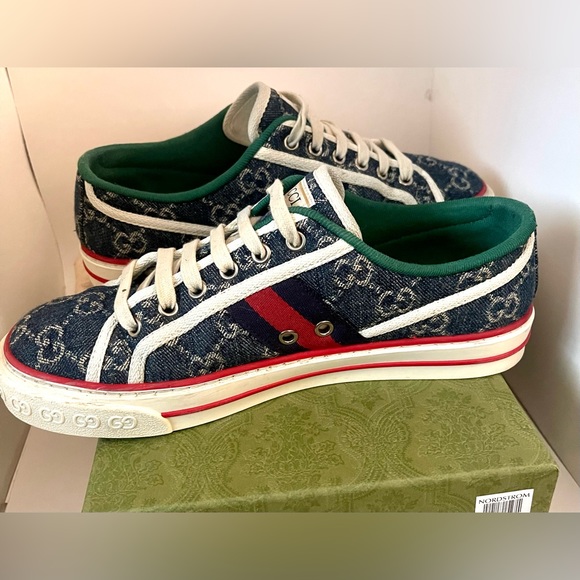 Gucci Tennis 1977 Webbing Trimmed Monogrammed Blue Denim Sneakers Size 8… - Picture 5 of 15